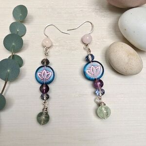 Czech Pressed Glass With Fluorite Beads And Crystal Earrings